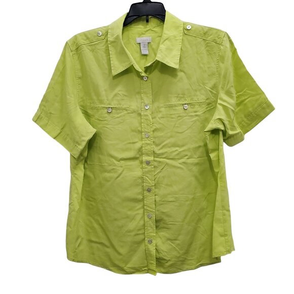 Chico's Women's Lime Green Modal Blend Shell Chip Short Sleeve Button Up Top 2 L - Picture 1 of 7